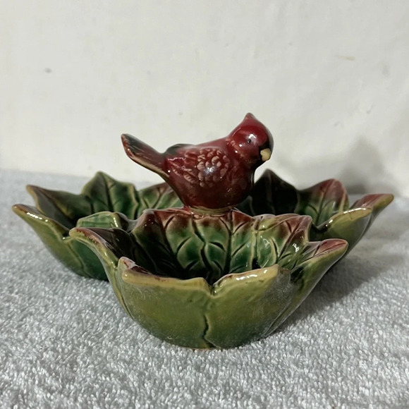Vintage Ceramic Cardinal On  Poinsettia 3 Bowl Serving Dish - Picture 3 of 11
